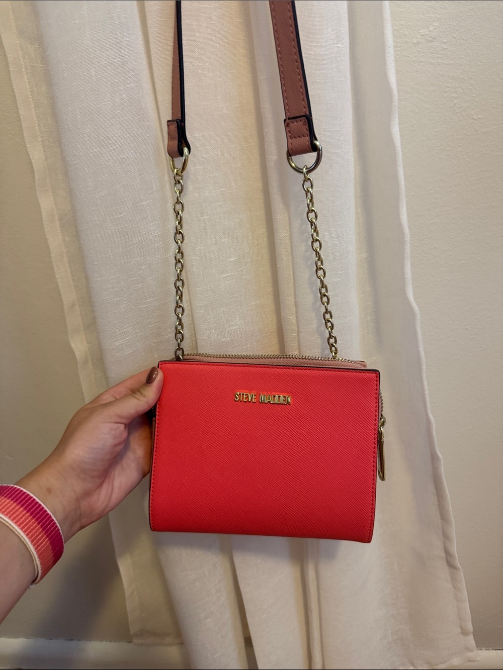 Steve Madden Coral Crossbody with Gold Chain and Pink Strap Accents